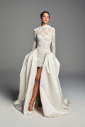 Monique Lhuillier Spring 2027 Bridal Two-piece Revel strapless corset bodice and mini skirt in ivory French re-embroidered lace with long sleeve jacket with open scoop back and structured ball skirt in ivory silk duchesse satin.