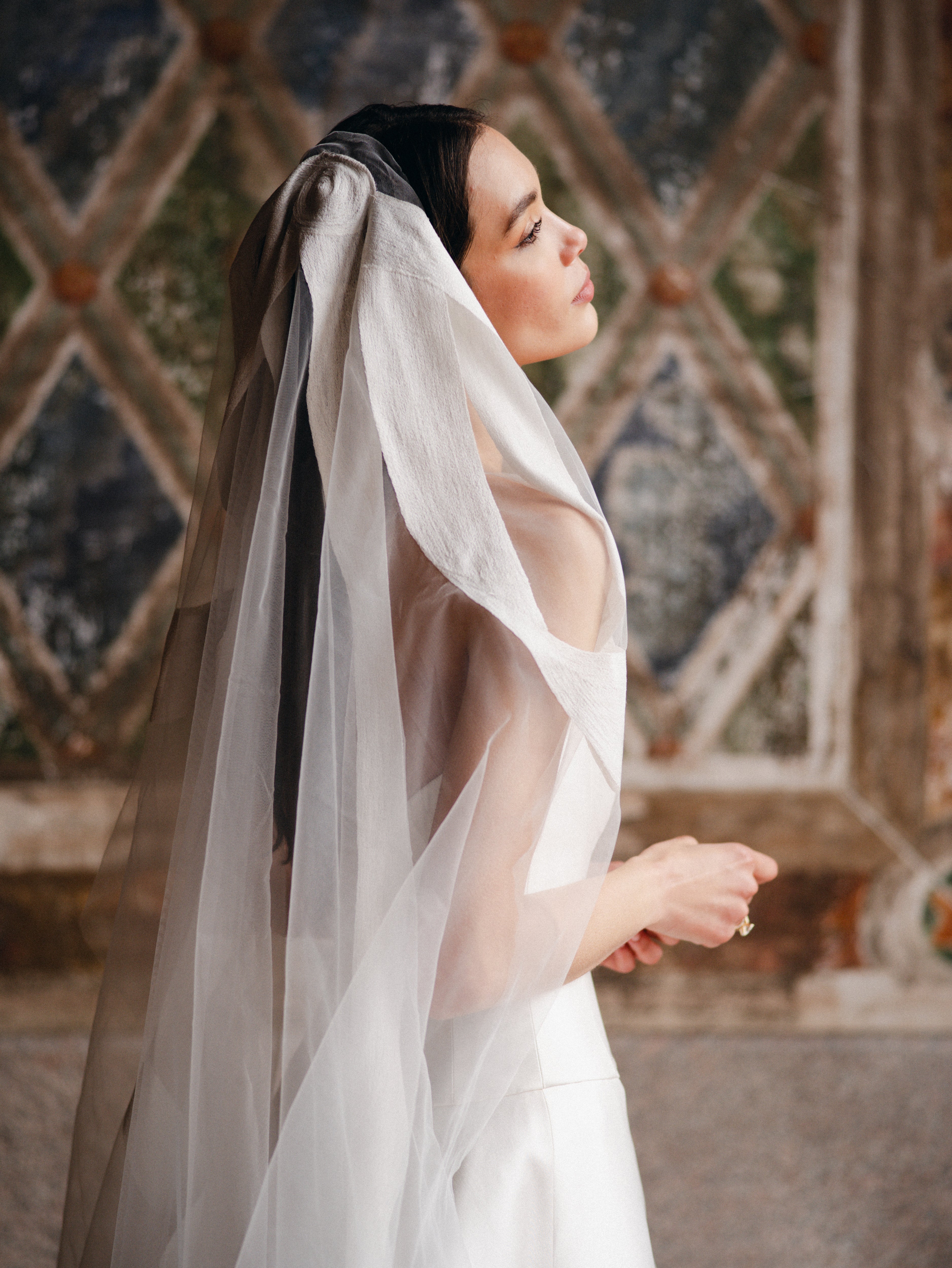 Woman wearing white gown with tulle and embroidered veil.