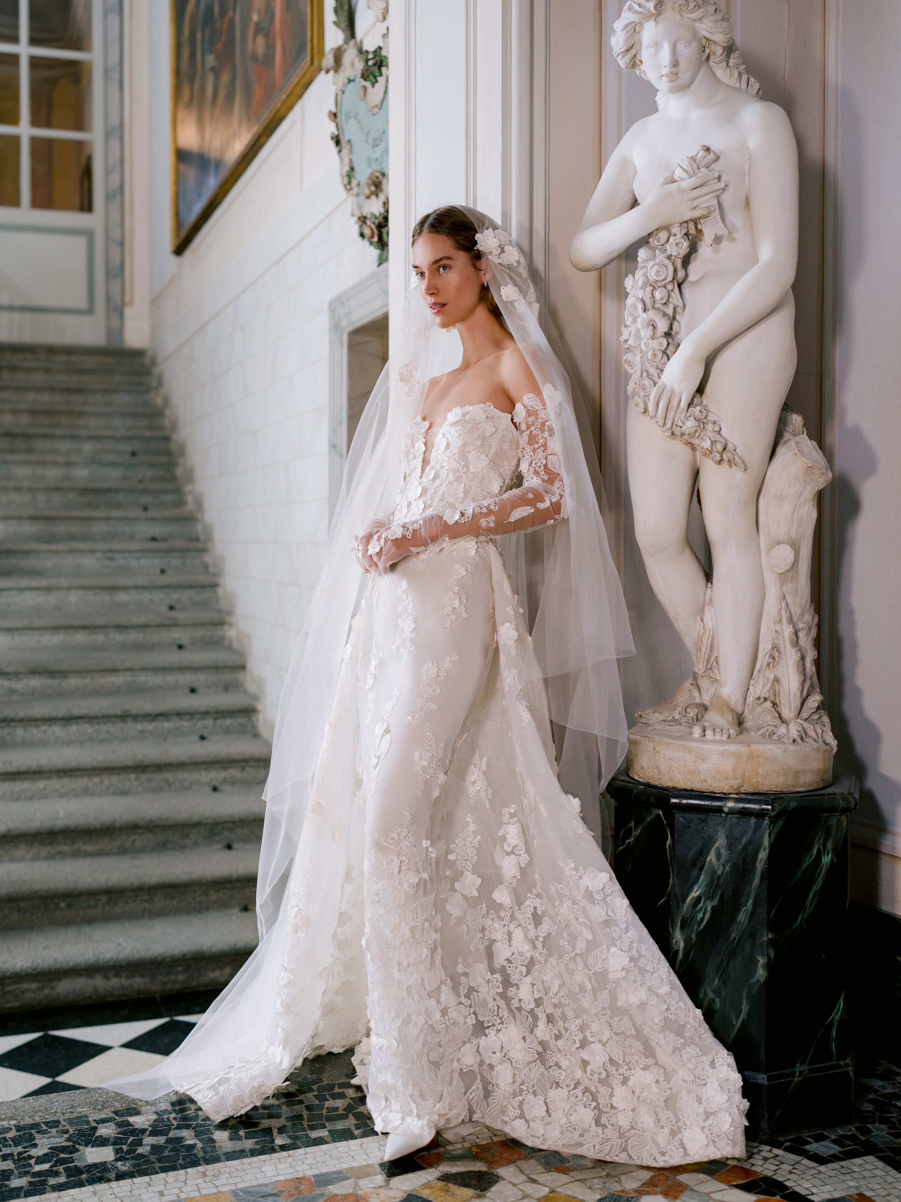 Monique Lhuillier Fall 2025 Bridal Cipriani Gown, Gloves and Veil