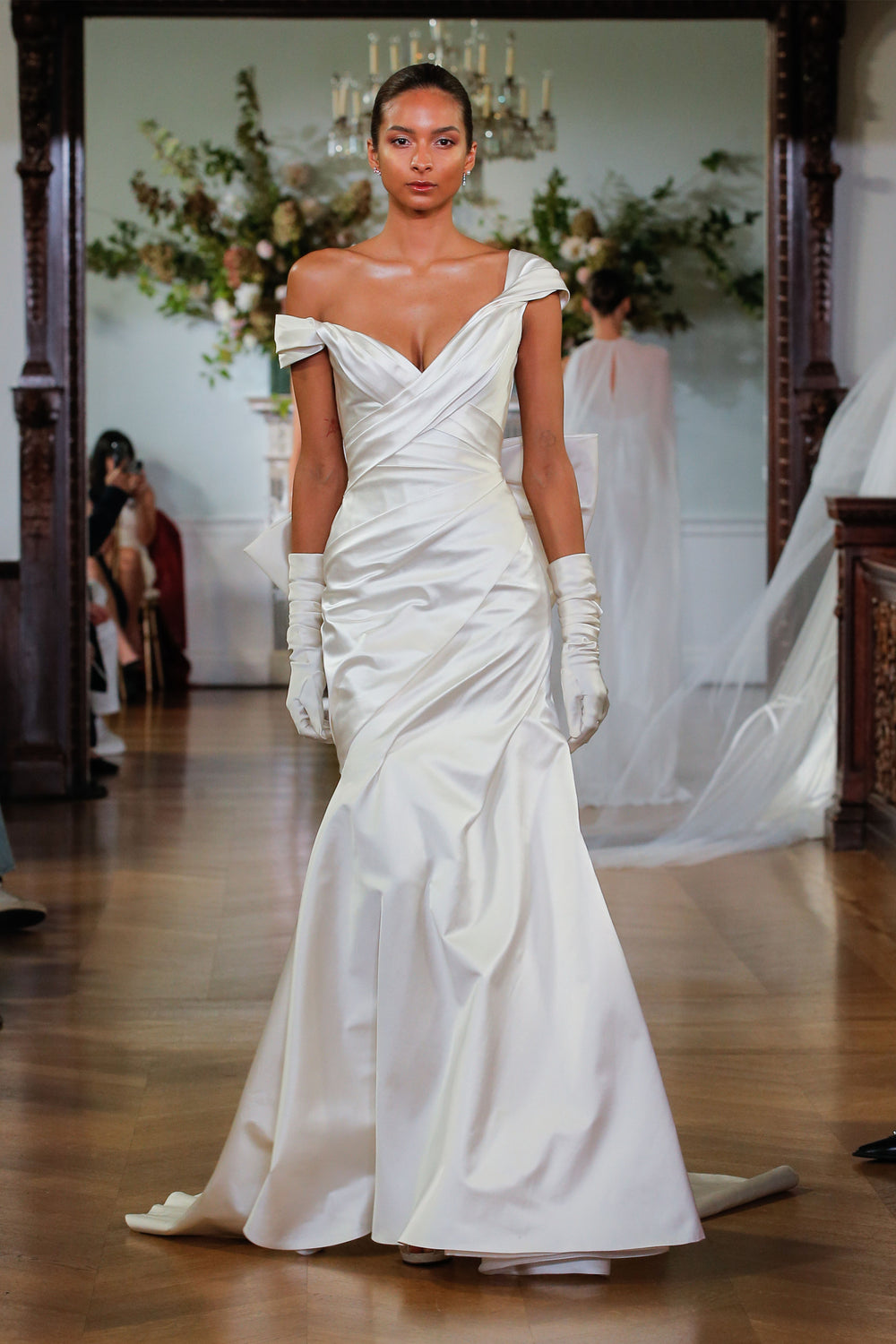 Monique Lhuillier Fall 2026 Bridal duchess satin silk white draped trumpet Lennon gown - runway.