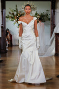Monique Lhuillier Fall 2026 Bridal duchess satin silk white draped trumpet Lennon gown - runway.