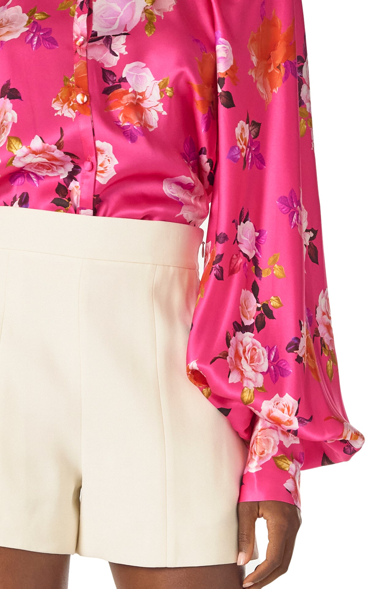 Monique Lhuillier Long sleeve blouse with high neck and buttons down center front in Fuchsia Floral printed satin - sleeve detail.