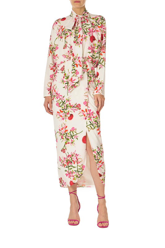 Monique Lhuillier Long sleeve dress with tie neck and faux-wrap skirt in Silk White Fuchsia floral print - front.