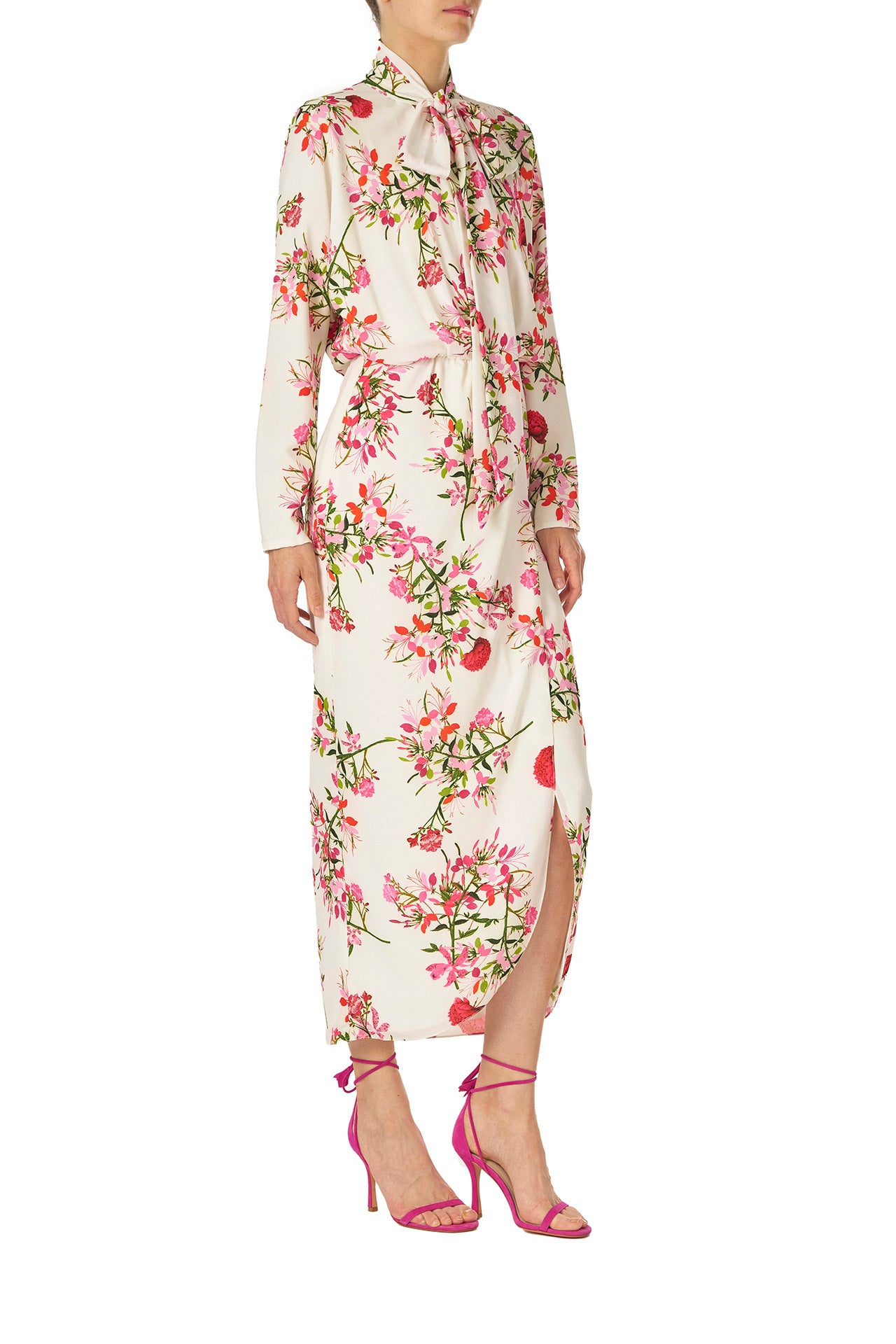 Monique Lhuillier Long sleeve dress with tie neck and faux-wrap skirt in Silk White Fuchsia floral print - right side.