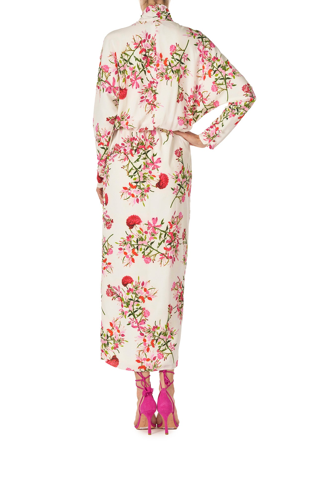 Monique Lhuillier Long sleeve dress with tie neck and faux-wrap skirt in Silk White Fuchsia floral print - back.