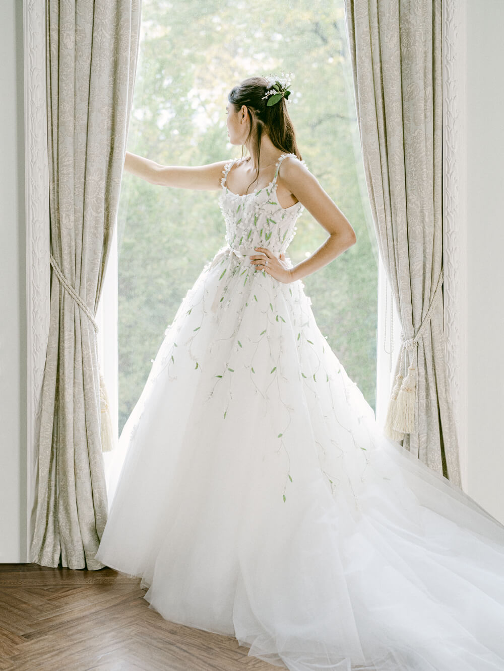 monique lhuillier green floral wedding dress Sheer Beauty #moniquelhuillier #mlbride #wedding #bride #bridal #jardin