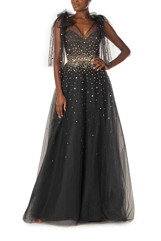 Monique Lhuillier Noir tulle ballgown with bow shoulder ties, V-neckline and gold embroidery - front.
