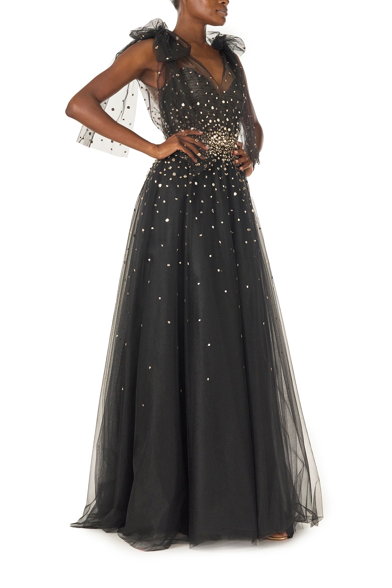 Monique Lhuillier Noir tulle ballgown with bow shoulder ties, V-neckline and gold embroidery - right side.
