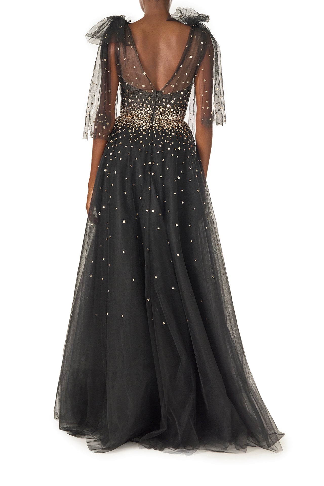 Monique Lhuillier Noir tulle ballgown with bow shoulder ties, V-neckline and gold embroidery - back.