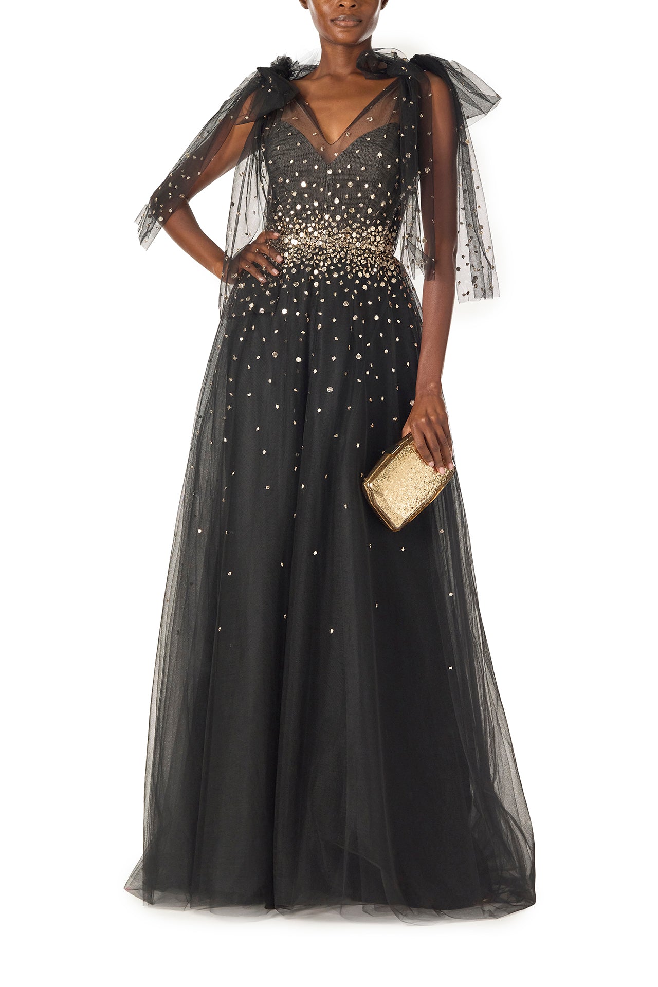 Monique Lhuillier Noir tulle ballgown with bow shoulder ties, V-neckline and gold embroidery - front with Dasha bag.