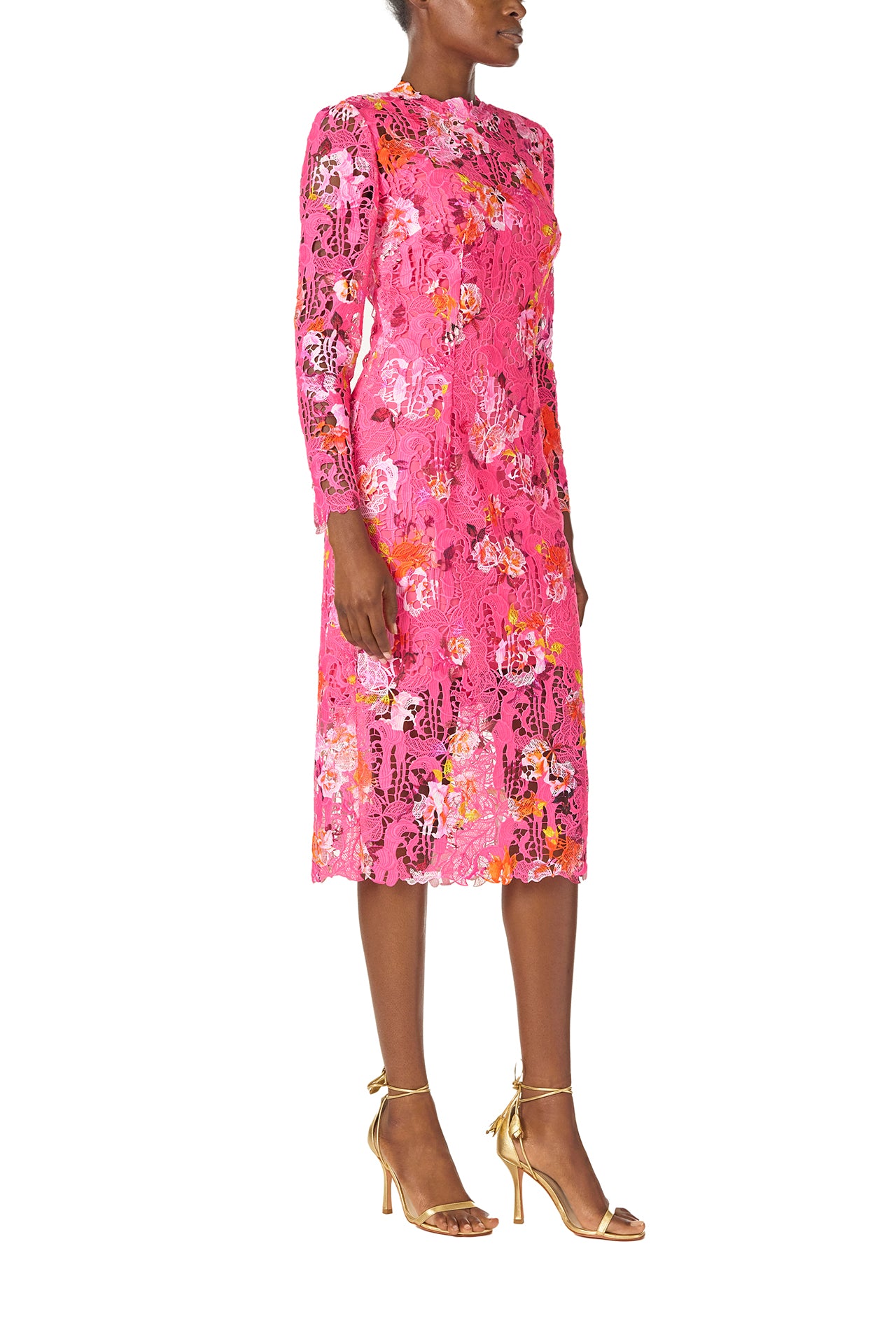 Monique Lhuillier Long sleeve, fuchsia silk white printed lace sheath dress with jewel neckline and detached mini slip lining - right side.