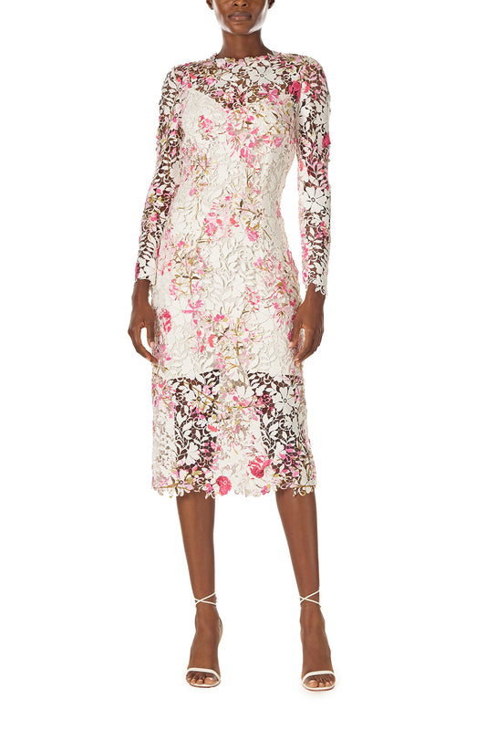 Monique Lhuillier Long sleeve, lace sheath dress with jewel neckline and detached slip lining in silk white & fuchsia printed lace - front.