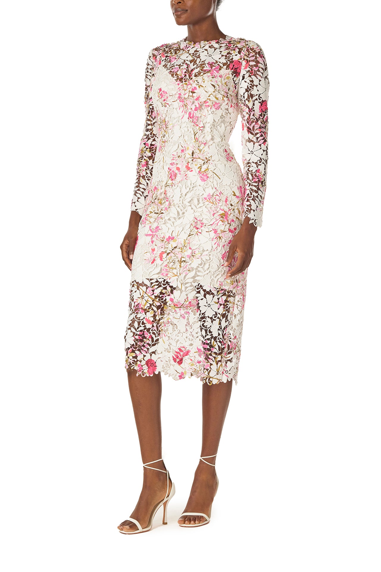 Monique Lhuillier Long sleeve, lace sheath dress with jewel neckline and detached slip lining in silk white & fuchsia printed lace - side.
