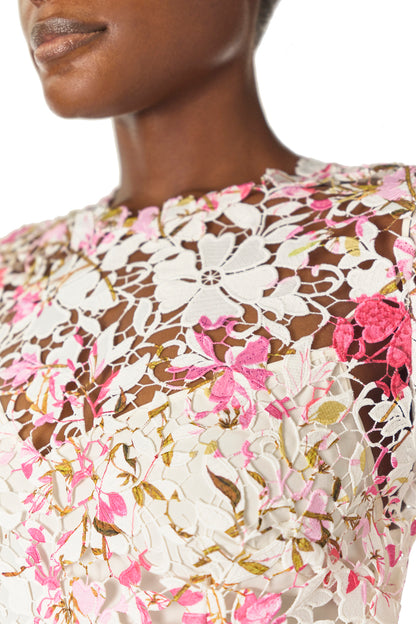 Monique Lhuillier Long sleeve, lace sheath dress with jewel neckline and detached slip lining in silk white & fuchsia printed lace - fabric.