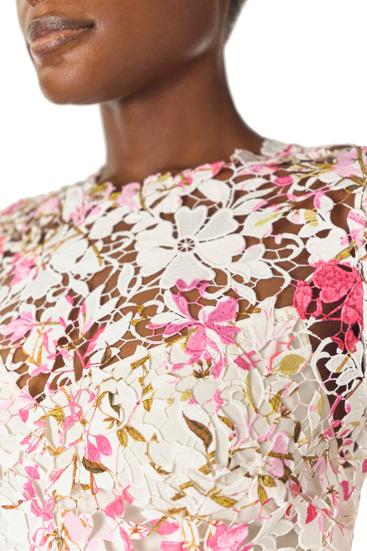 Monique Lhuillier Long sleeve, lace sheath dress with jewel neckline and detached slip lining in silk white & fuchsia printed lace - fabric.