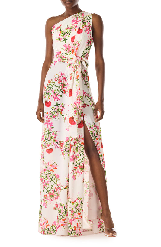 Monique Lhuillier One shoulder draped gown with self-tie belt and high front slit in Silk White Fuchsia floral printed crepe - front.