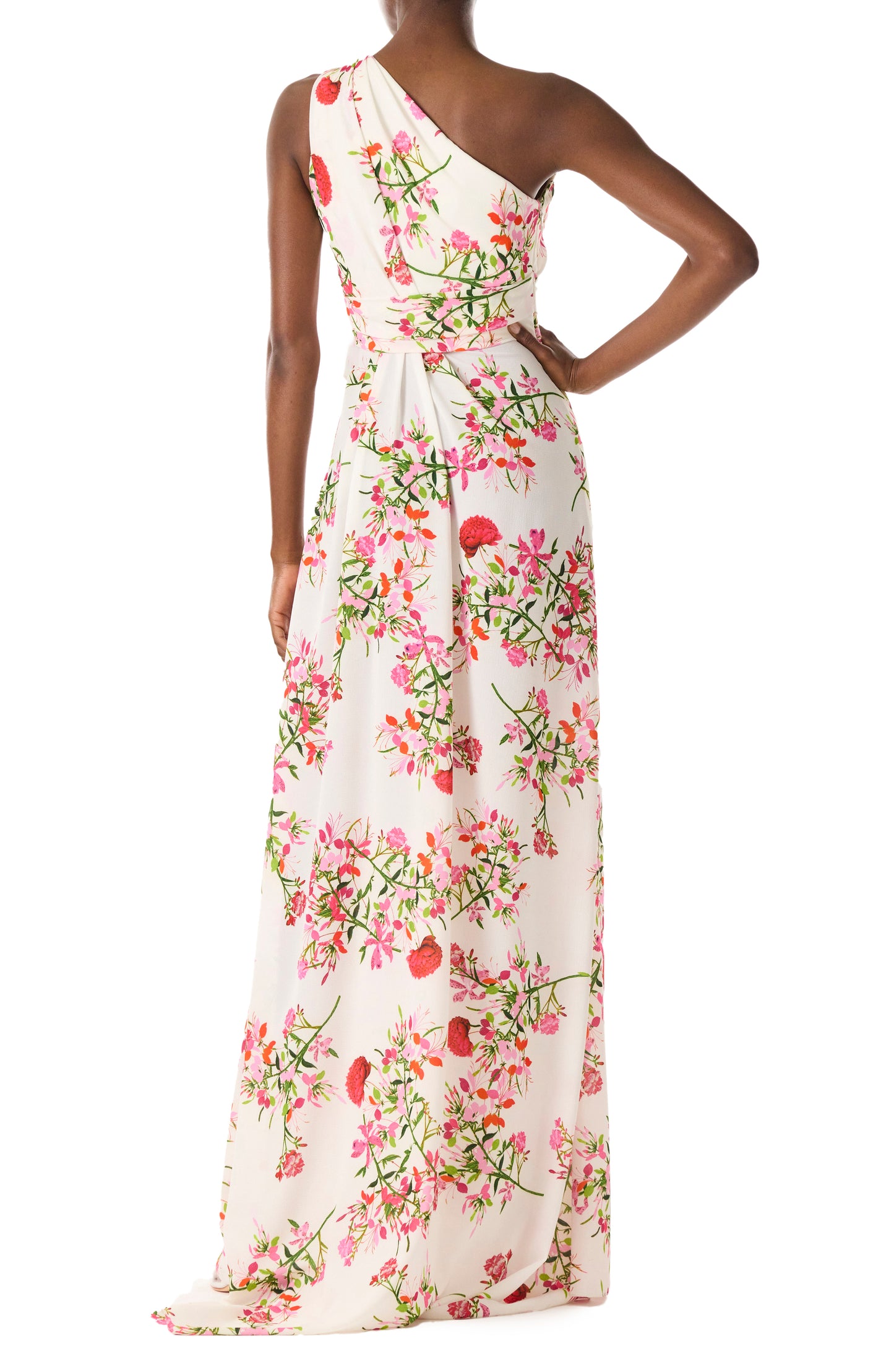 Monique Lhuillier One shoulder draped gown with self-tie belt and high front slit in Silk White Fuchsia floral printed crepe - back.