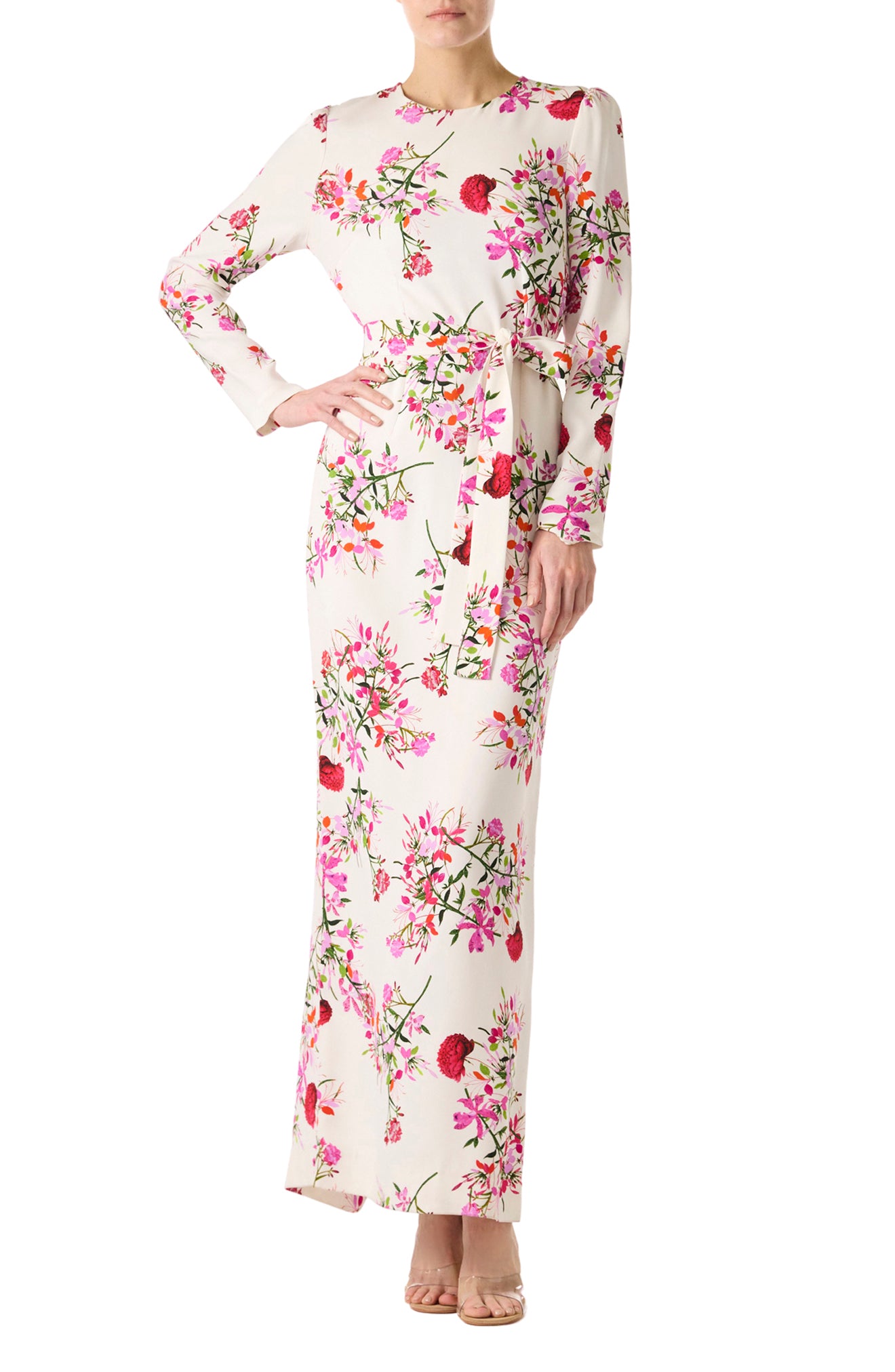Monique Lhuillier Jewel Neck Long Sleeve Gown in fuchsia and silk white floral print with Belt