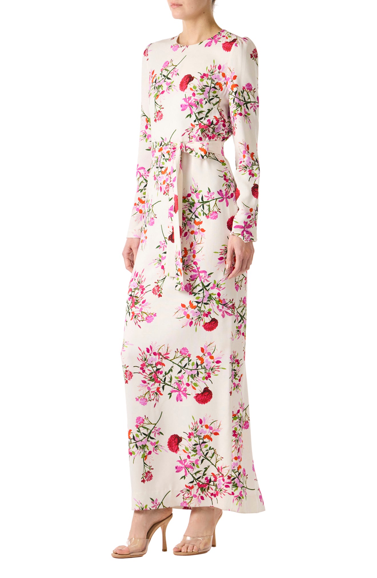 Monique Lhuillier Jewel Neck Long Sleeve Gown in fuchsia and silk white floral print with Belt