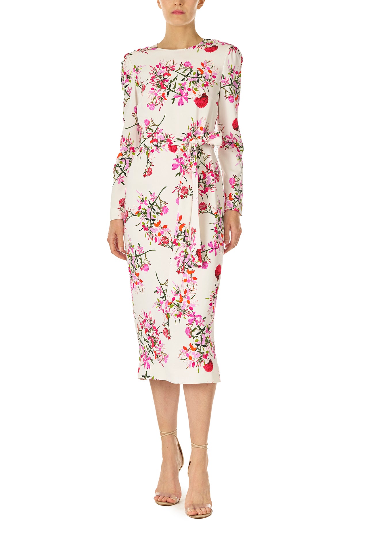 Monique Lhuillier jewel neckline dress with long sleeves and detachable, self-tie belt in silk white fuchsia floral print - front.
