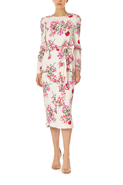 Monique Lhuillier jewel neckline dress with long sleeves and detachable, self-tie belt in silk white fuchsia floral print - front.