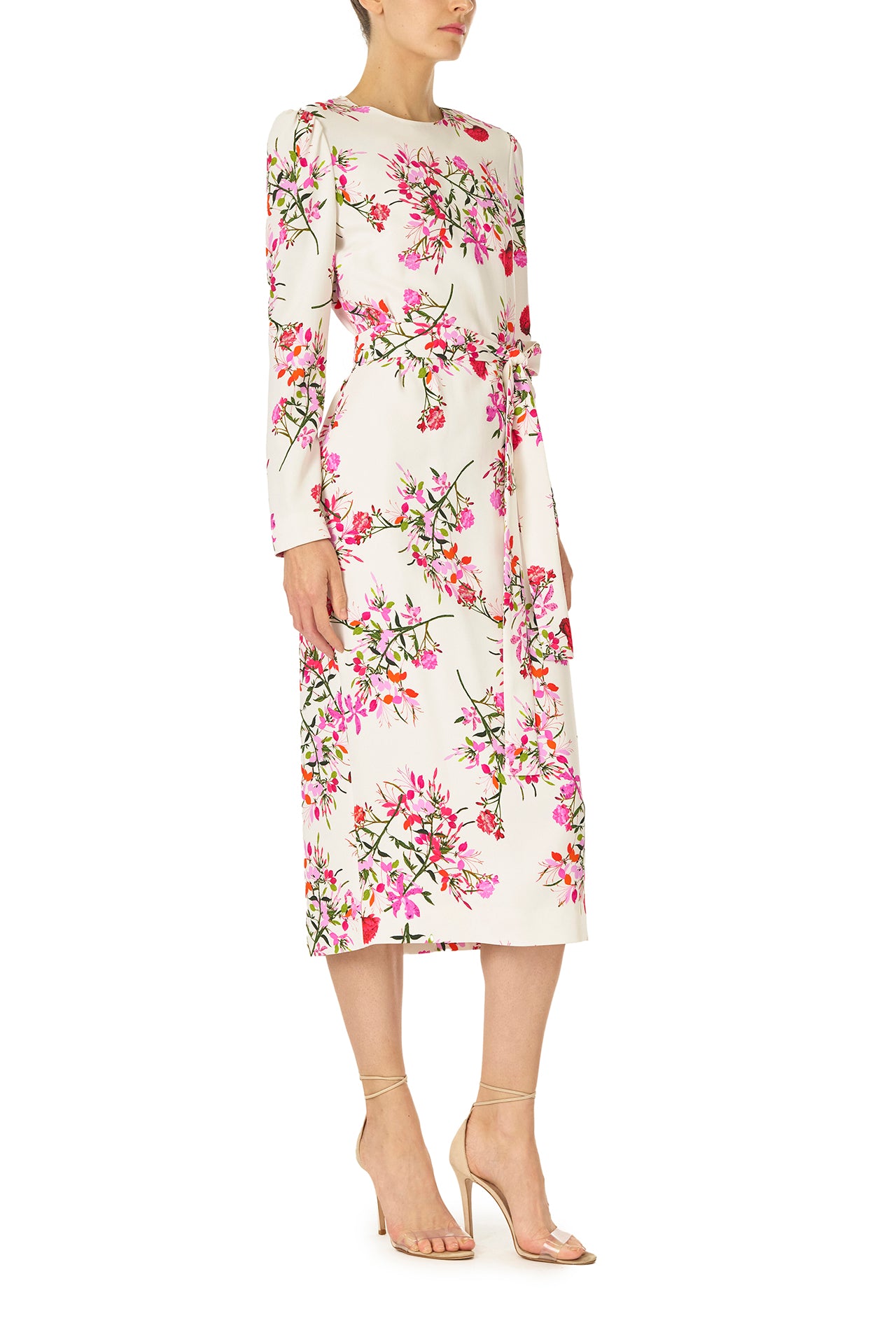 Monique Lhuillier jewel neckline dress with long sleeves and detachable, self-tie belt in silk white fuchsia floral print - right side.