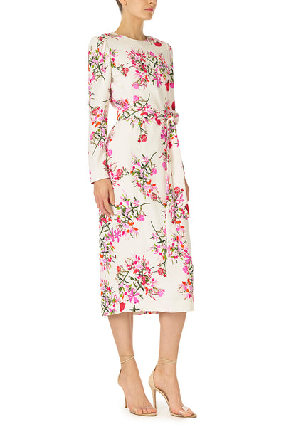 Monique Lhuillier jewel neckline dress with long sleeves and detachable, self-tie belt in silk white fuchsia floral print - right side.