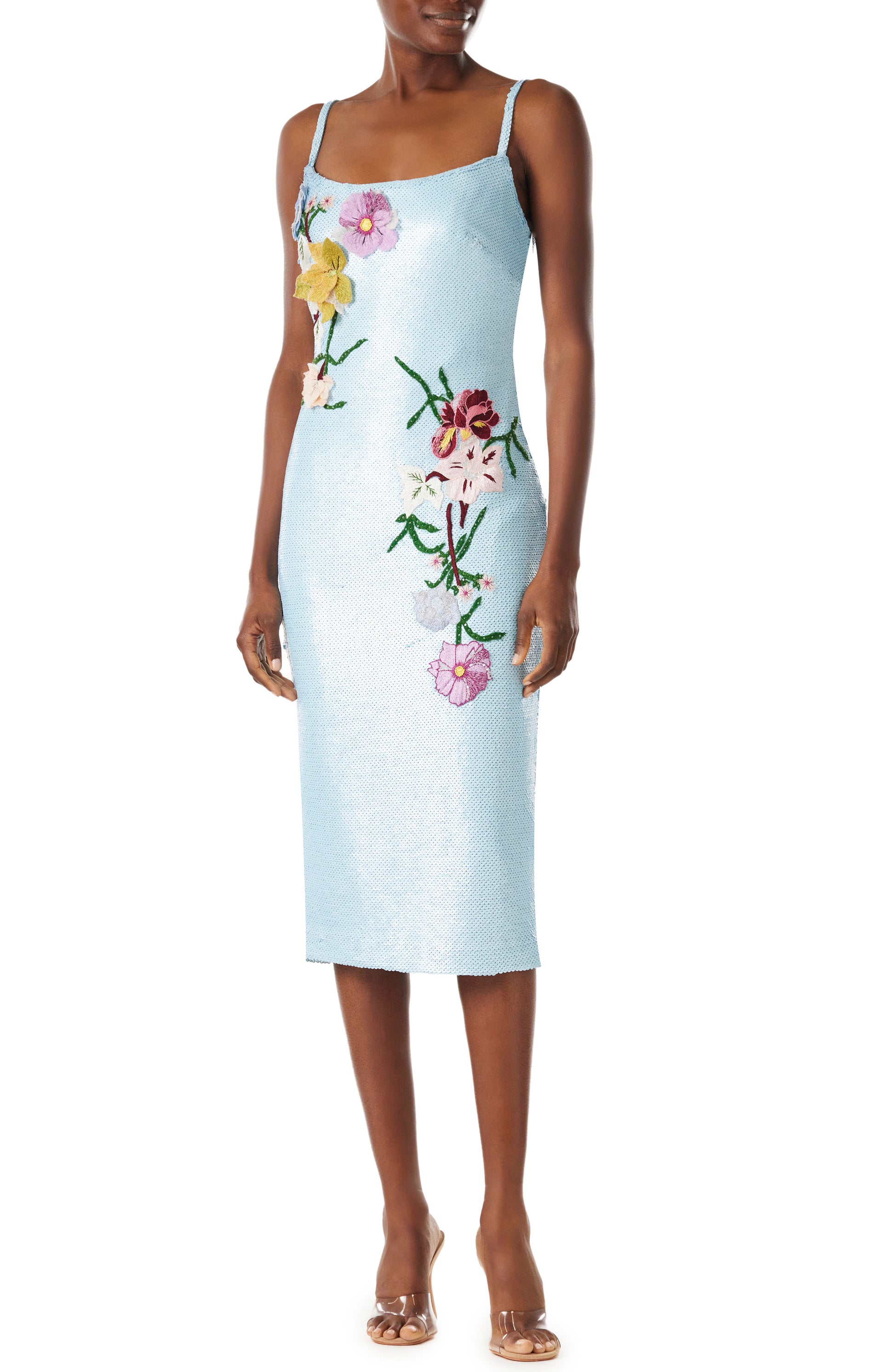 Monique Lhuillier midi-length sky blue sequin dress with spaghetti straps and floral embroidery.
