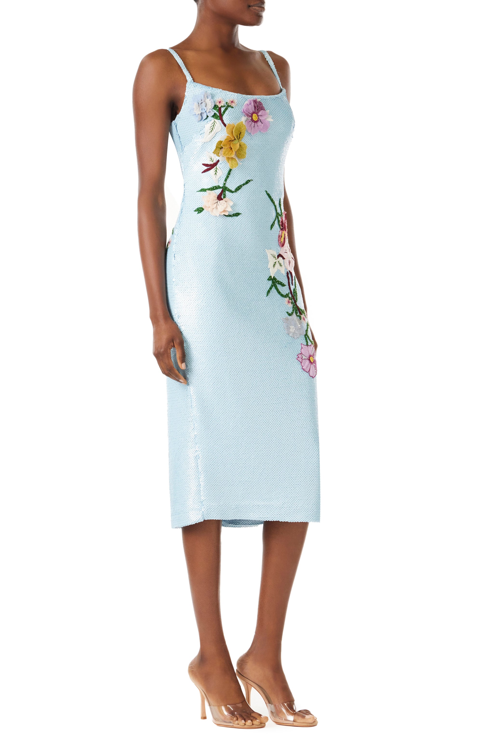 Monique Lhuillier midi-length sky blue sequin dress with spaghetti straps and floral embroidery.