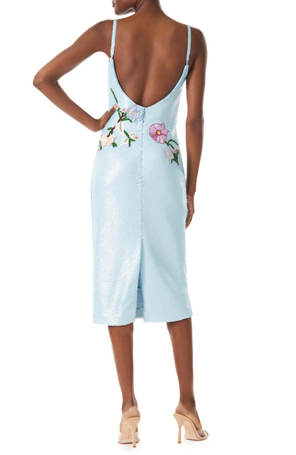 Monique Lhuillier midi-length sky blue sequin dress with spaghetti straps and floral embroidery.