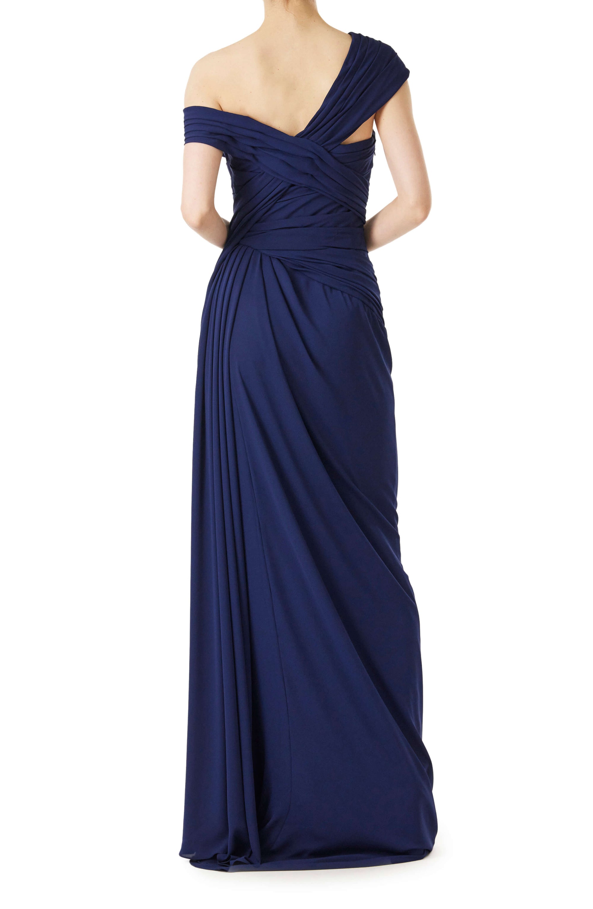 Monique Lhuillier navy gown with draped neckline and high leg slit in jersey chiffon fabric.