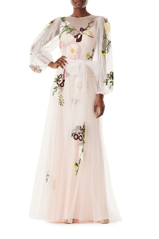 Jewel Neck Puffed Sleeve Embroidered Tulle Gown