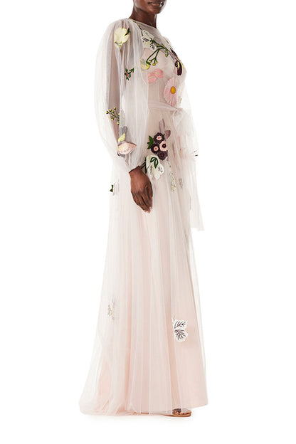 Jewel Neck Puffed Sleeve Embroidered Tulle Gown