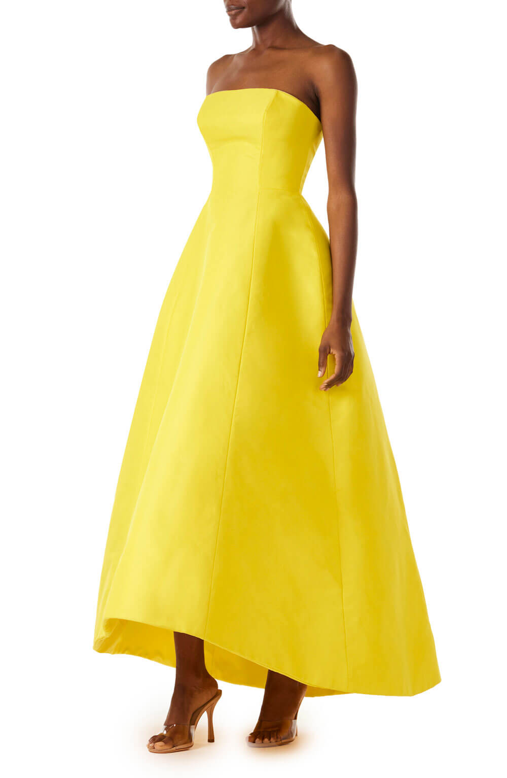 Monique Lhuillier canary yellow strapless gown with high-low hem in cotton/silk faille fabric.