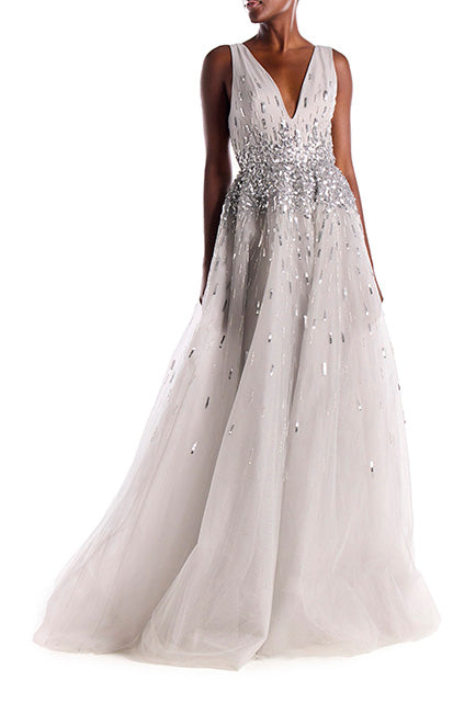 Smokey grey tulle and metallic embroidery gown with v-neck bodice and full skirt.