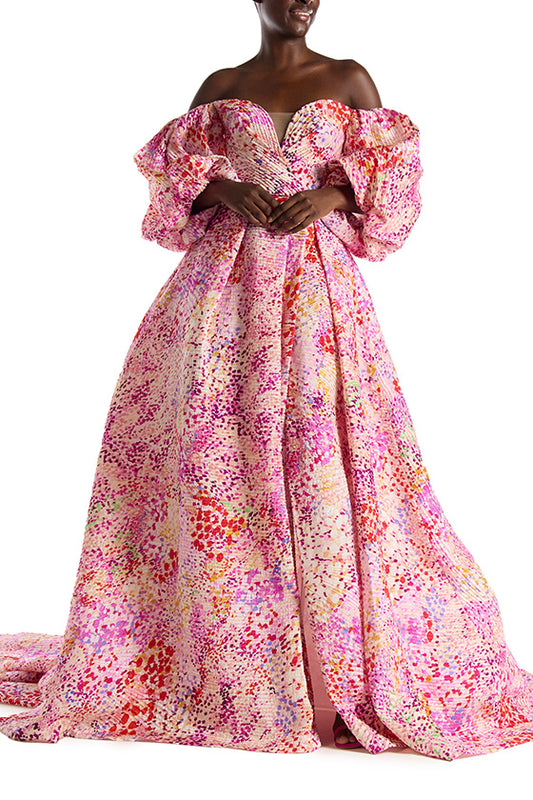 Azalea pink printed jacquard gown with puff sleeves, sweetheart neckline and v-back - front view.