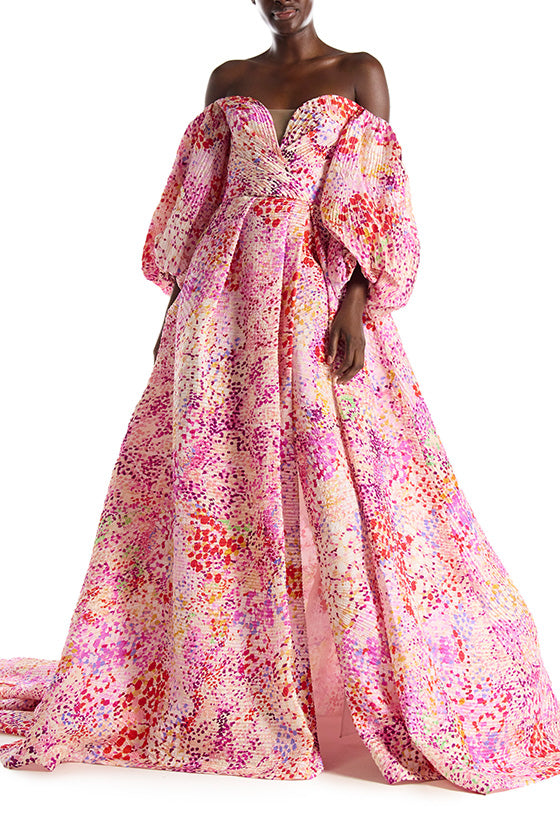 Azalea pink printed jacquard gown with puff sleeves, sweetheart neckline and v-back - front view.