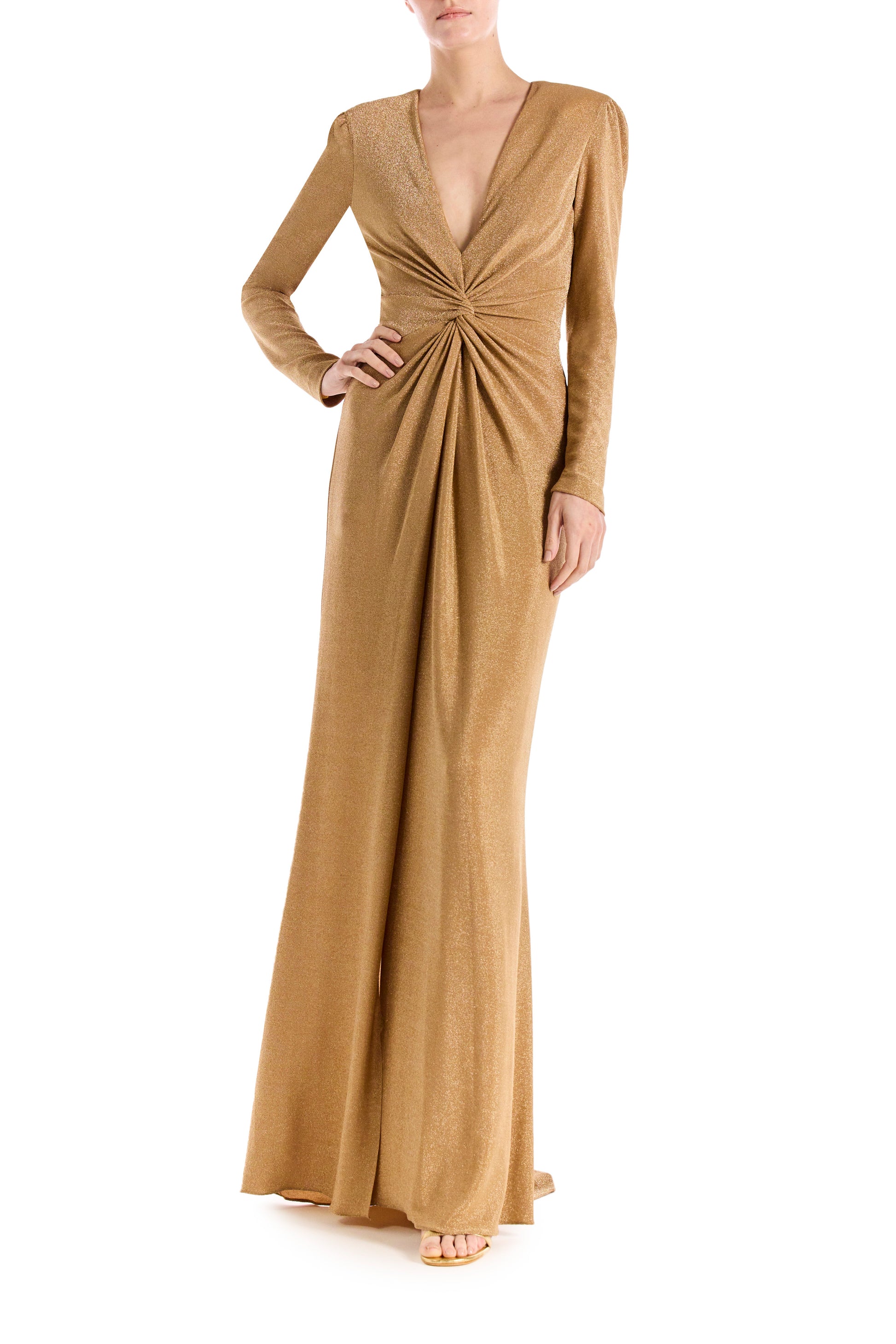 Antique Gold glitter knit dress with long sleeves and deep vneck.