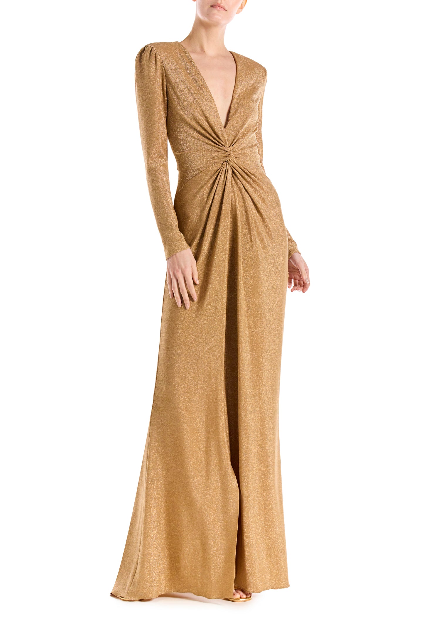 Antique Gold glitter knit dress with long sleeves and deep vneck.