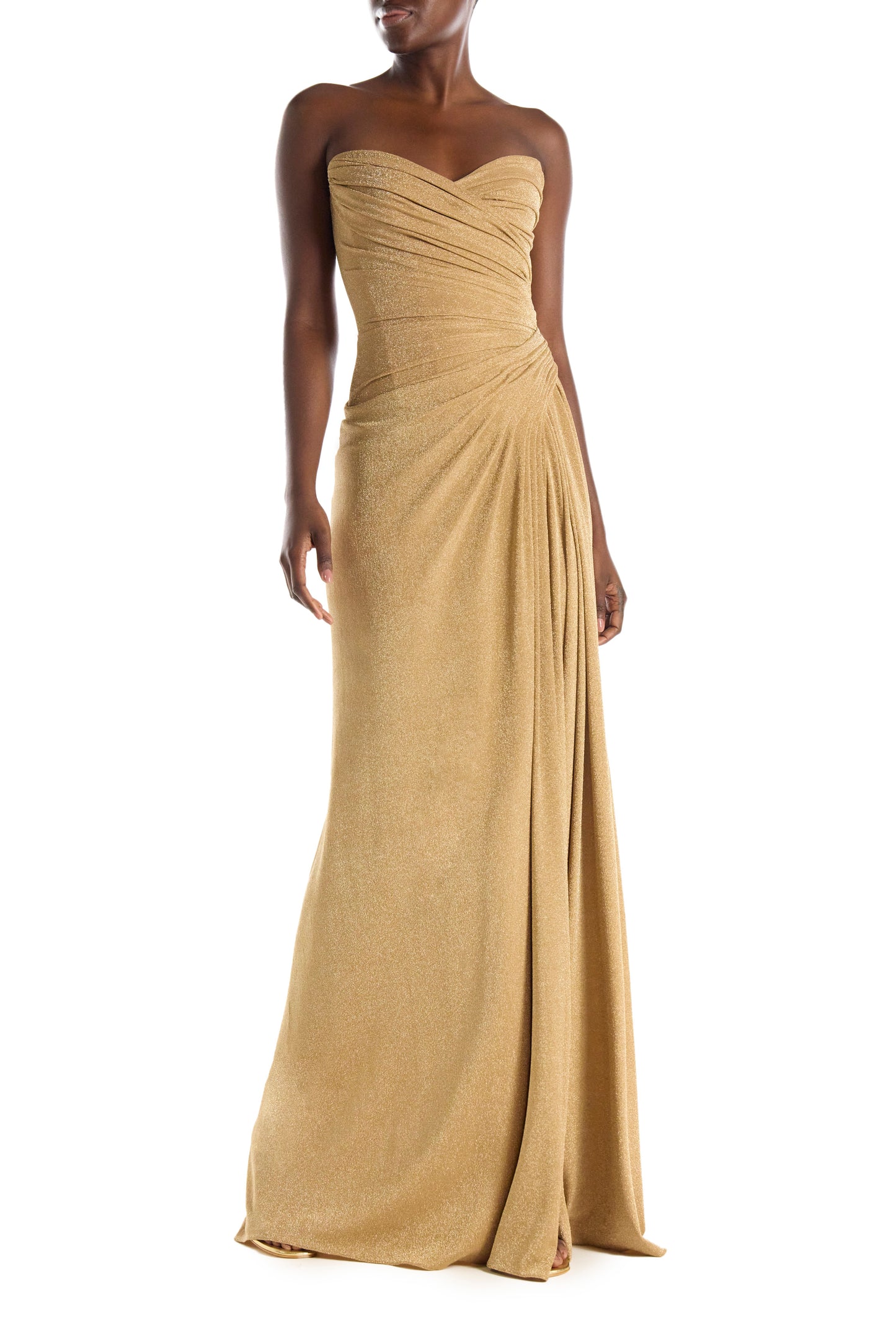 Monique Lhuillier sweetheart neckline strapless gold dress in antique gold glitter knit fabric with high slit.