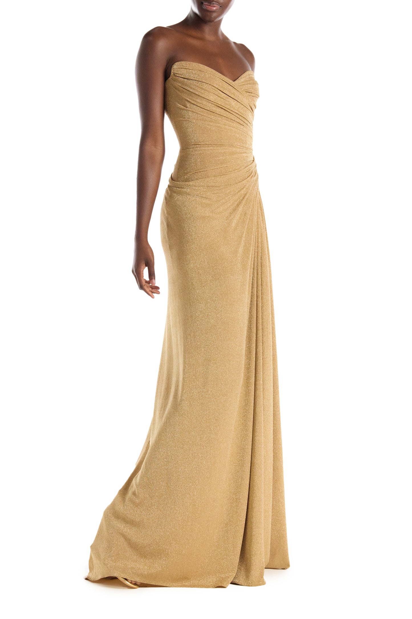 Monique Lhuillier sweetheart neckline strapless gold dress in antique gold glitter knit fabric with high slit.