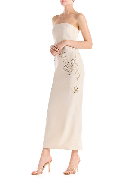 Monique Lhuillier Silk White embroidered wool dress with floral cut-outs over nude lining - left side.