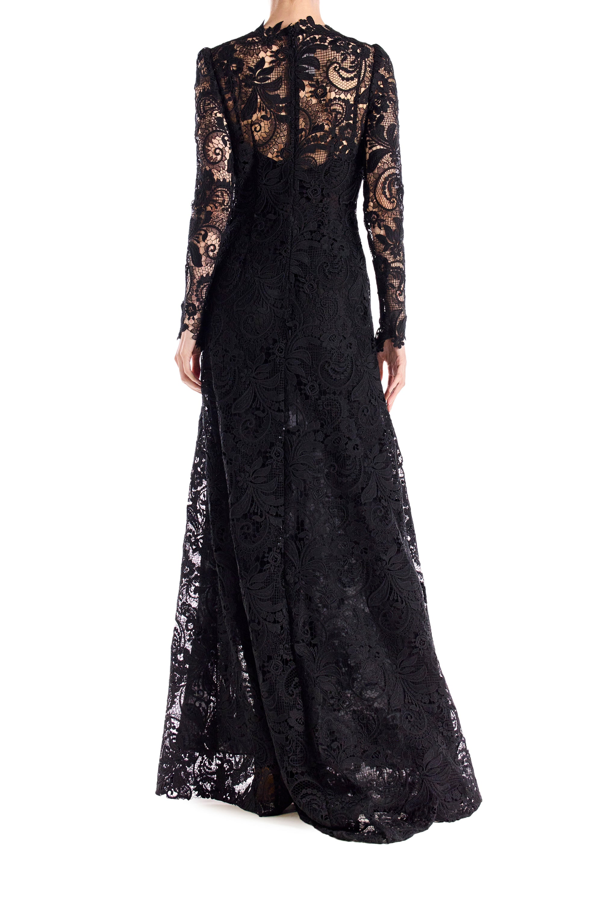 Monique Lhuillier long sleeve black lace gown with v-neck and high leg slit.