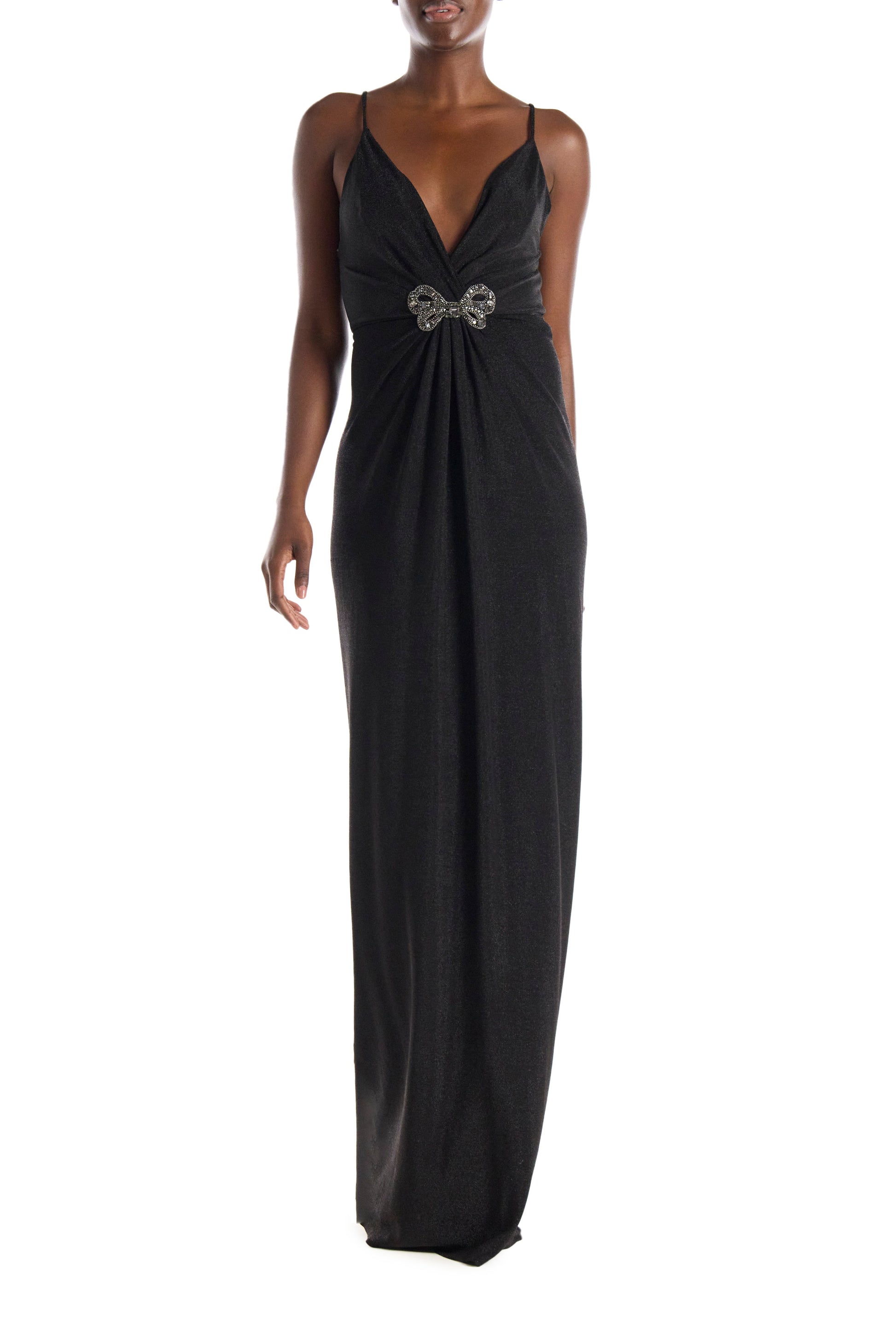 Monique Lhuillier black glitter knit gown with deep v neck, spaghetti straps and embroidered bow detail at bodice.