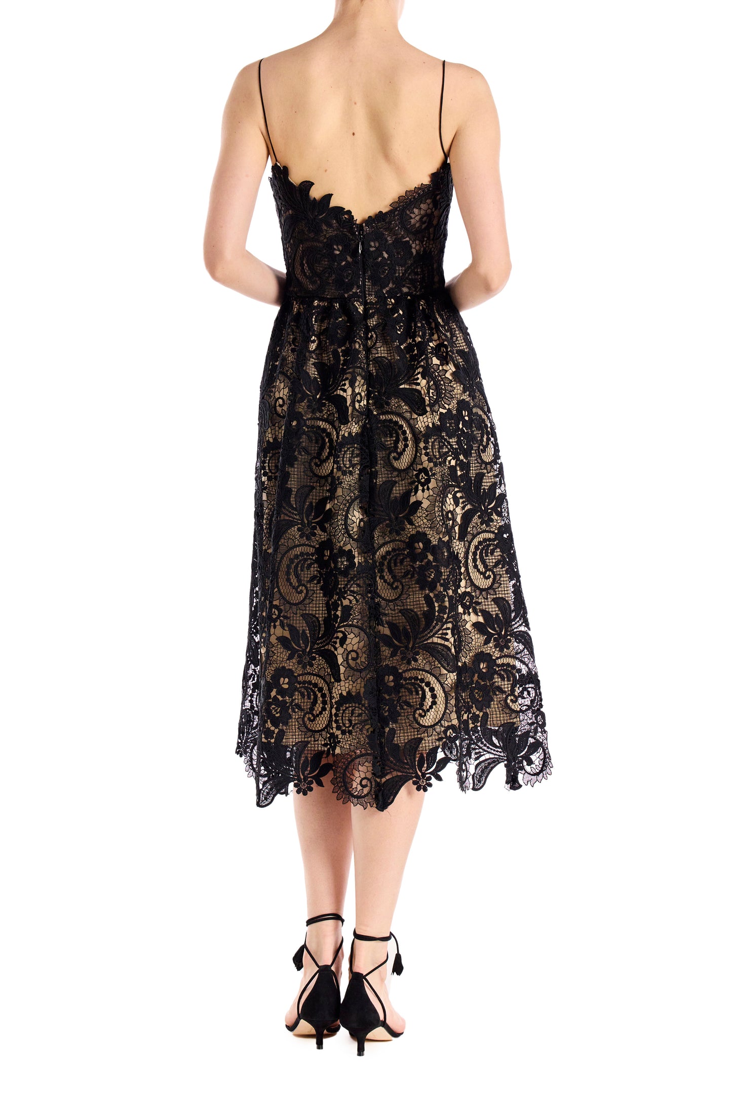 Black lace midi dress with spaghetti straps and full skirt.  Nude lining under black lace.