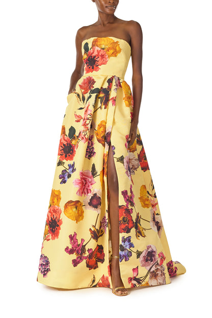 Monique Lhuillier Fall 2024 strapless ball gown with pleated waist and high side slit in soleil floral fabric - front.