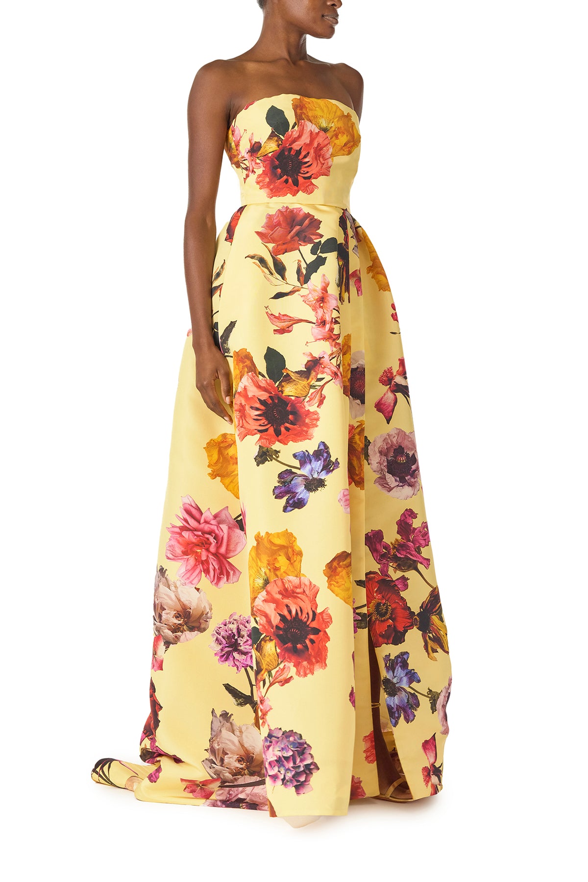 Monique Lhuillier Fall 2024 strapless ball gown with pleated waist and high side slit in soleil floral fabric - side.