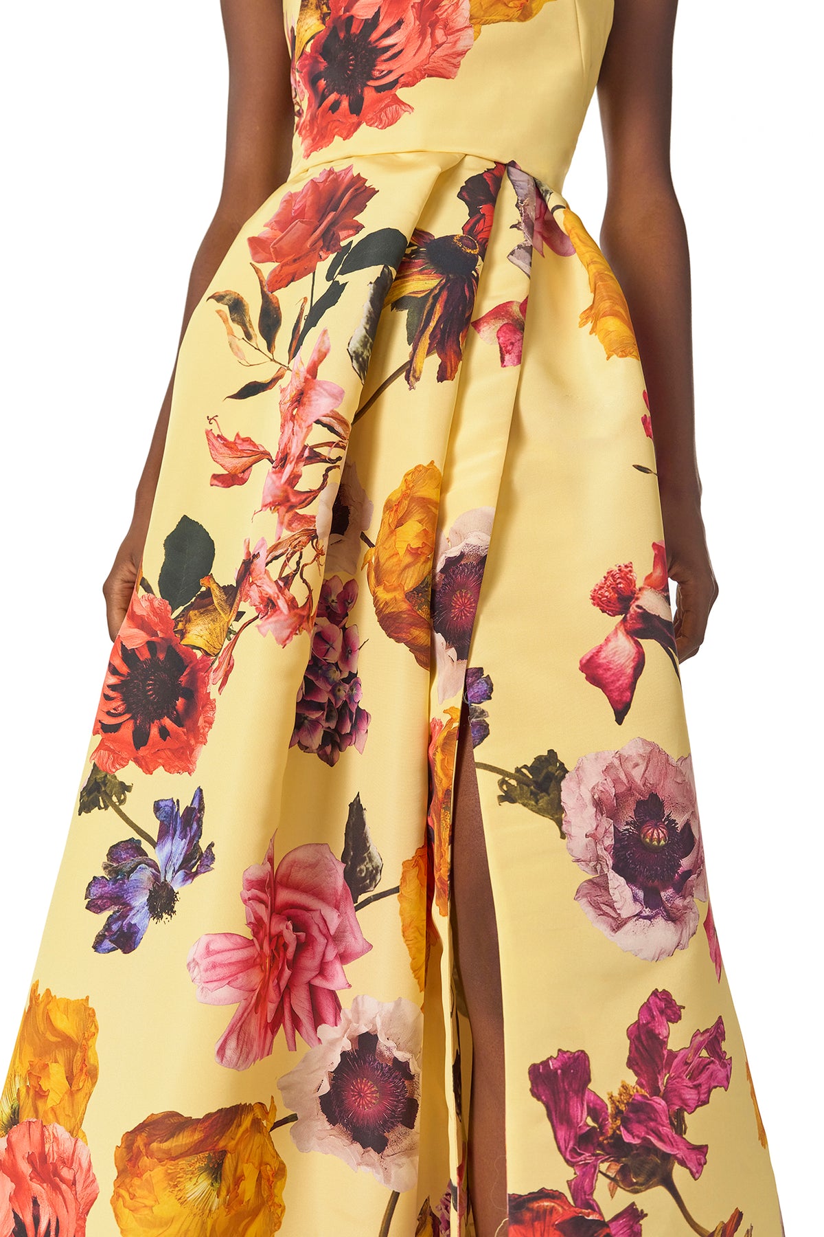 Monique Lhuillier Fall 2024 strapless ball gown with pleated waist and high side slit in soleil floral fabric - fabric.