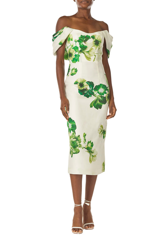 Monique Lhuillier Spring 2023 Draped, off-the-shoulder cocktail dress in Silk White/Green printed floral gazar fabric - front.