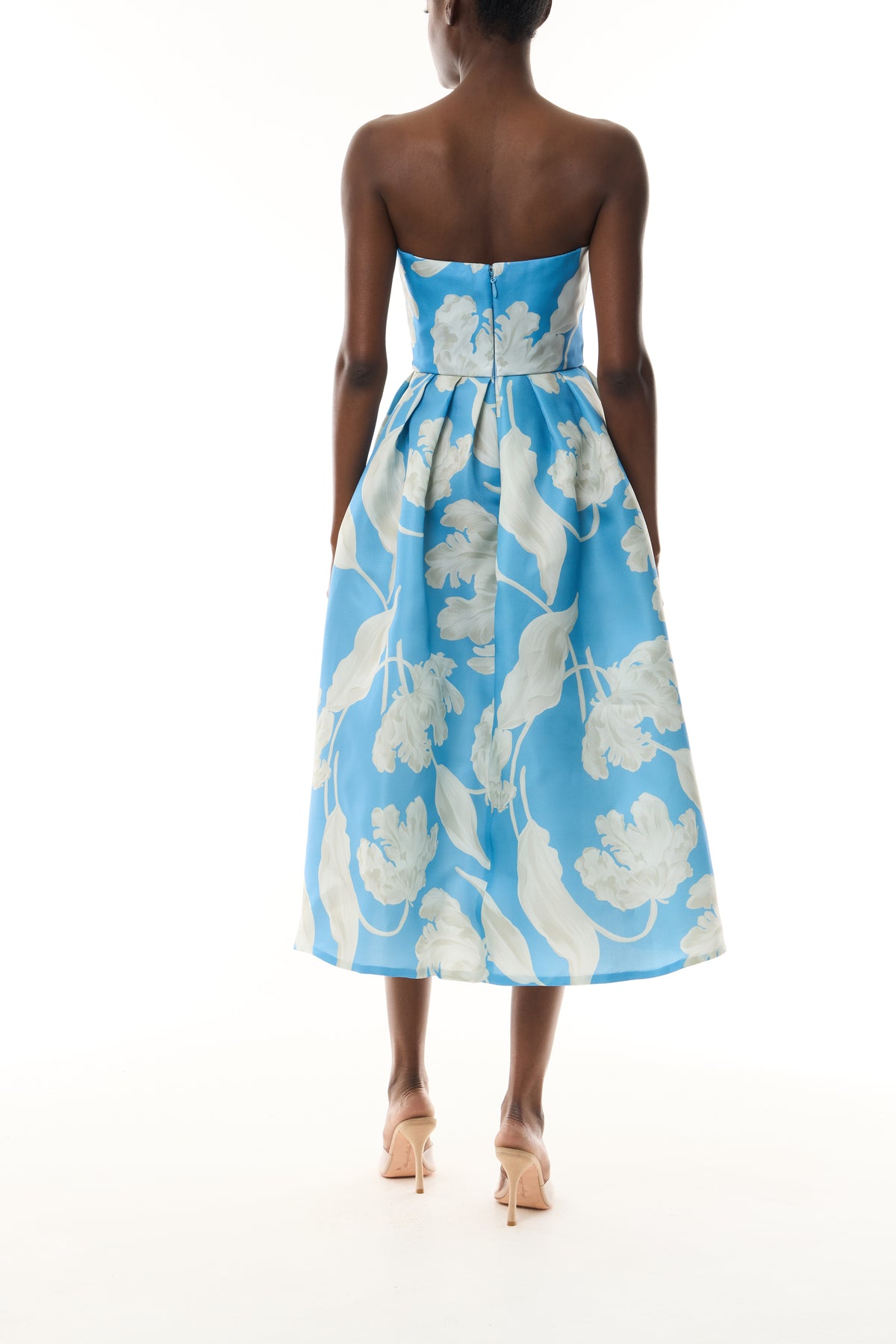 Monique Lhuillier Spring 2023 Bluebelle/Multi Floral Printed Pique Gazar strapless full skirt midi dress with pockets - back.